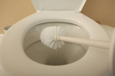 Cleaning toilet bowl with white brush indoors, closeup
