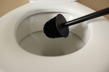 Cleaning toilet bowl with black brush indoors, closeup