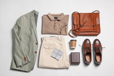 Elegant men's outfit. Stylish clothes, accessories and shoes on white background, flat lay
