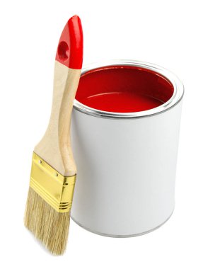 Can of red paint and brush isolated on white