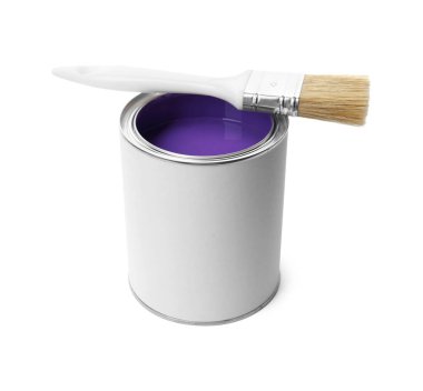 Can of purple paint and brush isolated on white