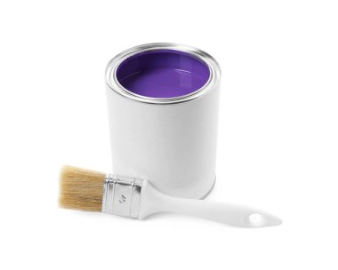 Can of purple paint and brush isolated on white