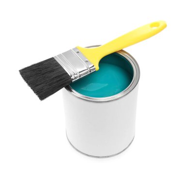 Can of turquoise paint and brush isolated on white