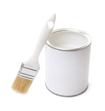 Open can of paint and brush isolated on white