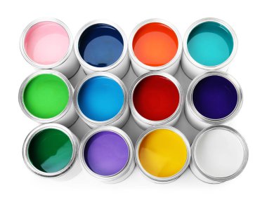 Cans of different paints isolated on white, top view