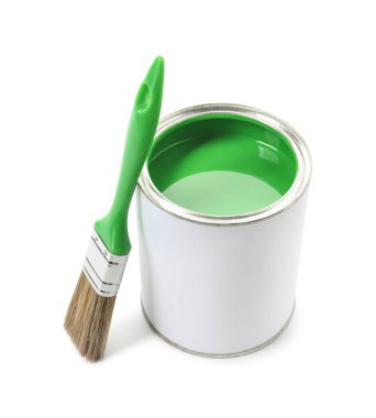 Can of green paint and brush isolated on white