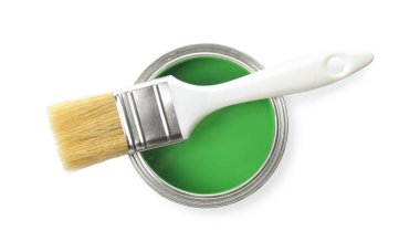 Can of green paint and brush isolated on white, top view