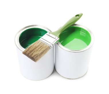 Cans of green paints and brush isolated on white