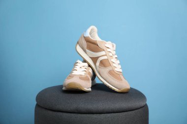 Pair of stylish sneakers on pouf against light blue background