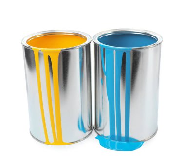 Cans of light blue and yellow paints isolated on white