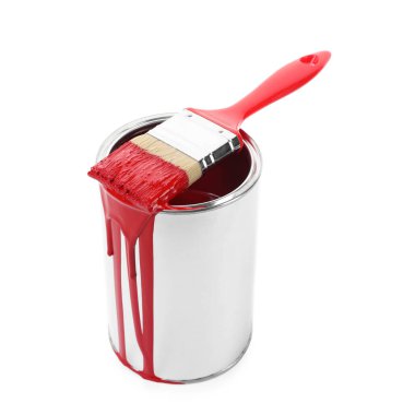 Can of red paint and brush isolated on white