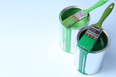 Cans of paint and brushes on light background. Space for text