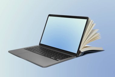 Open book and laptop on color gradient background. E-learning, internet library, online webinar