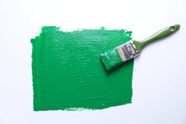 Smear of green paint and brush on white background, top view