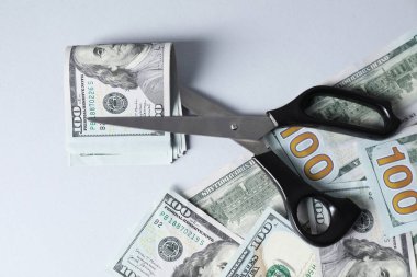 Gri zemin üzerinde dolar banknotları ve makas düz yatıyordu