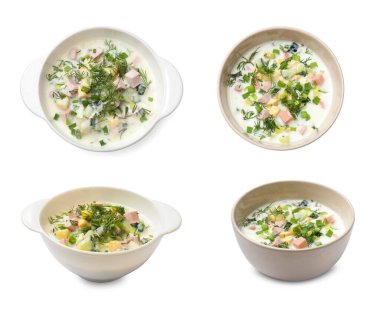 Delicious okroshka soup with kefir in bowls on white background, collage. Top and side views