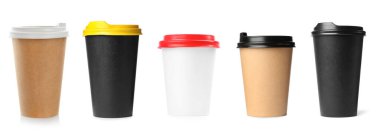 Different paper takeaway cups on white background, set