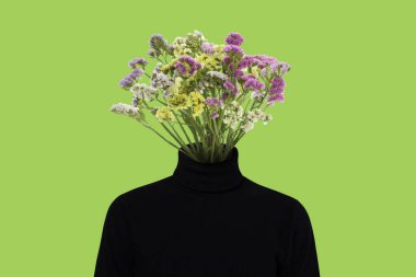 Woman with bouquet of flowers instead of her head on light green background. Creative art collage