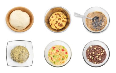 Different types of dough isolated on white, set. Top view