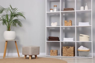 Açık gri duvarın yanında dekorlu raf ünitesi