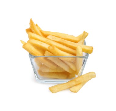 Delicious French fries in glass bowl isolated on white