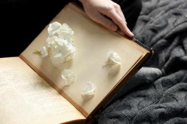 Battaniyesinde güzel çiçekler olan kitap okuyan kadın, yakın plan.
