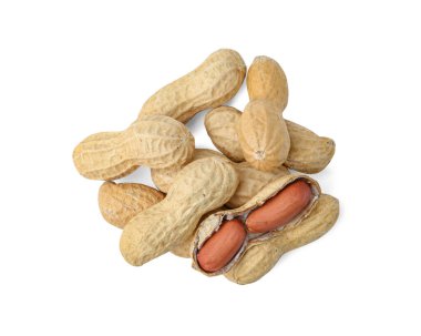 Pile of fresh peanuts isolated on white, top view