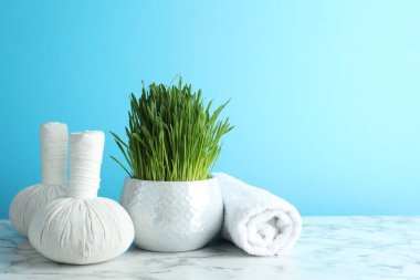 Spa composition with wheatgrass on white marble table against light blue background. Space for text
