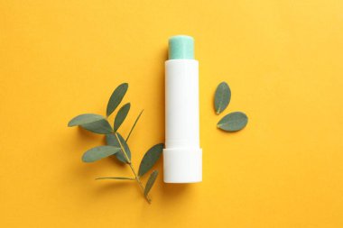 Dudak kremi ve okaliptüs yaprakları sarı arka planda, düz yerde.