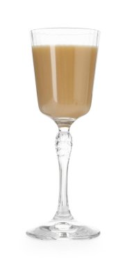 Coffee cream liqueur with ice in glass isolated on white