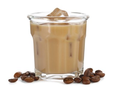 Coffee cream liqueur with ice in glass and beans isolated on white
