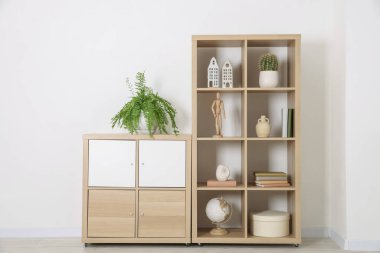 Shelving unit with different home decor and houseplant near white wall indoors