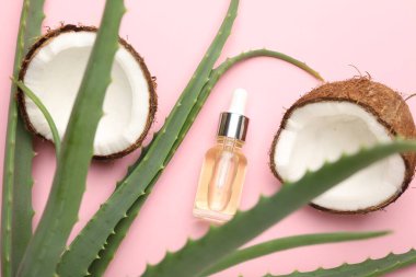 Saç tedavisi. Kozmetik ürün, hindistan cevizi ve aloe yaprakları pembe arka planda, düz konum