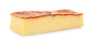 Piece of tasty Japanese Castella sponge cake isolated on white