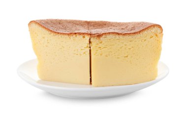 Pieces of tasty Japanese Castella sponge cake isolated on white