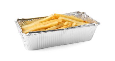 Delicious French fries in foil container isolated on white