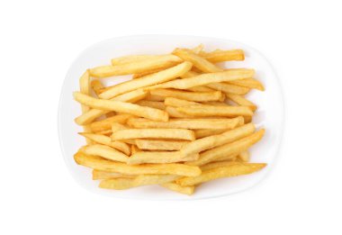 Many delicious French fries isolated on white, top view
