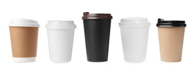 Different paper takeaway cups on white background, set
