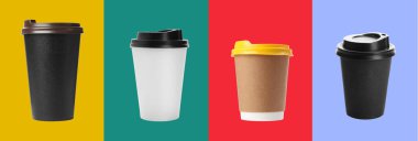 Different paper takeaway cups on colorful background, set