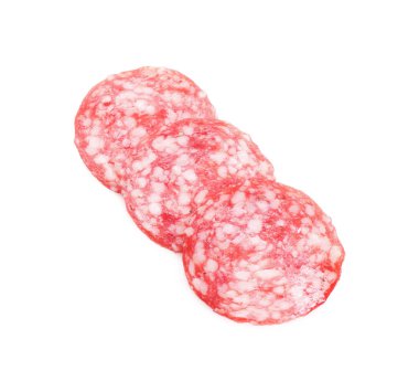 Slices of tasty smoked sausage on white background