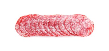 Slices of tasty smoked sausage on white background