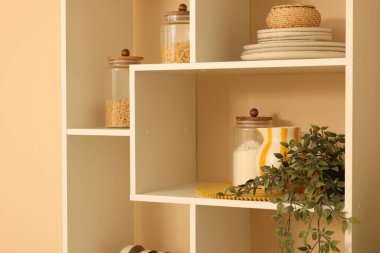 Shelving unit with clean dishware, different products and houseplant indoors