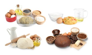 Different types of dough and ingredients isolated on white, set