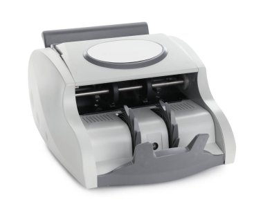 Beyaza izole edilmiş bir para sayma makinesi