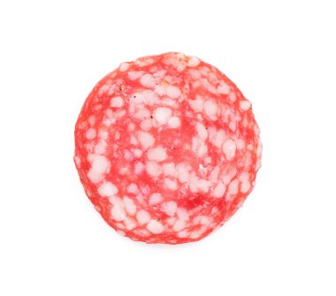 Slice of tasty smoked sausage on white background, top view