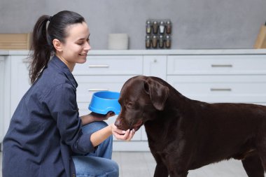 Elinde yemek kasesi olan bir kadın köpeğine evde kuru hayvan maması veriyor.