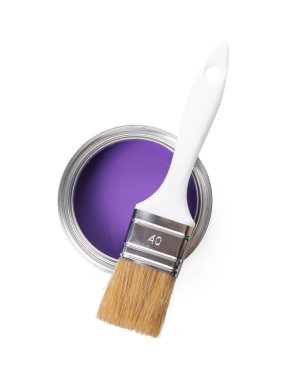 Can of purple paint and brush isolated on white, top view