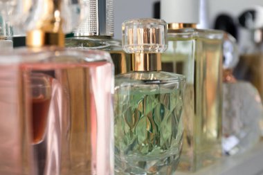 Different aromatic perfumes in bottles on shelf, closeup