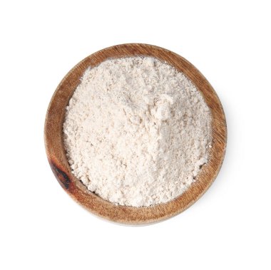 Kahverengi pirinç unu beyaz kasede izole edilmiş, üst manzara.