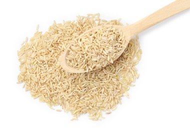 Çiğ kahverengi pirinç ve kaşık beyaz, üst manzara